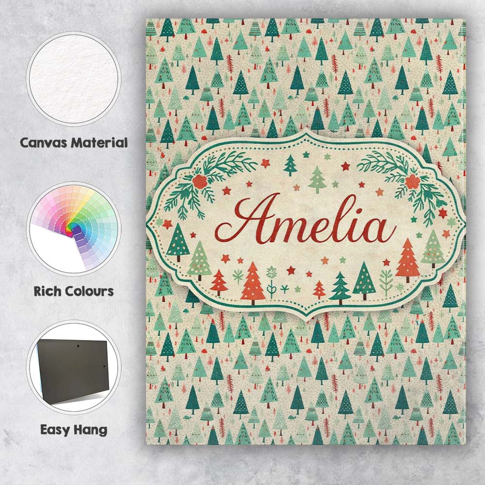 Personalised Name Dense Scandinavian Christmas Trees Green Seamless Custom Canvas Wall Art Print Decor Picture Ready to Hang