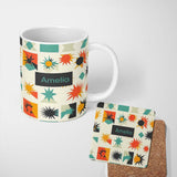 Personalized Custom Name Abstract Starburst Shapes Geometric Colorful Seamless Pattern Name 11oz Ceramic Coffee Tea Mug White Large Handle