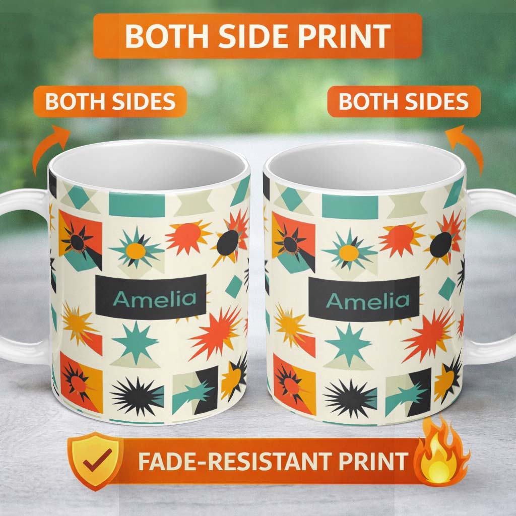 Personalized Custom Name Abstract Starburst Shapes Geometric Colorful Seamless Pattern Name 11oz Ceramic Coffee Tea Mug White Large Handle