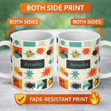 Personalized Custom Name Abstract Starburst Shapes Geometric Colorful Seamless Pattern Name 11oz Ceramic Coffee Tea Mug White Large Handle