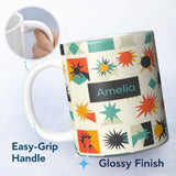 Personalized Custom Name Abstract Starburst Shapes Geometric Colorful Seamless Pattern Name 11oz Ceramic Coffee Tea Mug White Large Handle