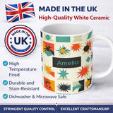 Personalized Custom Name Abstract Starburst Shapes Geometric Colorful Seamless Pattern Name 11oz Ceramic Coffee Tea Mug White Large Handle