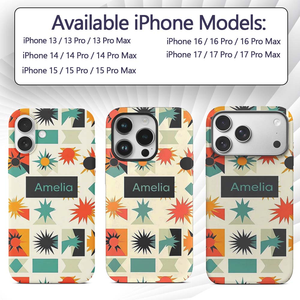 Abstract Starburst Shapes Geometric Colorful Custom Name Protective Phone Case Mobile Cover Durable Everyday Smartphone Shock Resistant