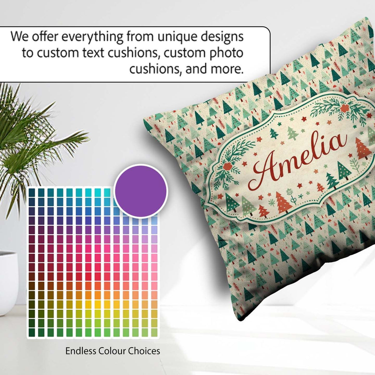 Custom Name Dense Christmas Trees Green Seamless Pattern Lovely Square Filled Cushion Throw Pillow Sofa Bed Home Decor Zip Washable UK Made