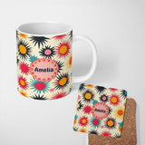 Personalized Custom Name Abstract Bold Sunburst Floral Shapes Mid Century Style Seamless 11oz Ceramic Coffee Tea Mug White Large Handle