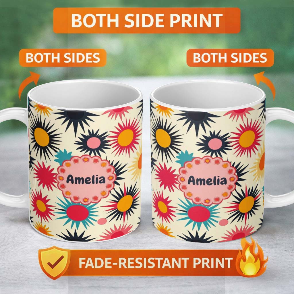 Personalized Custom Name Abstract Bold Sunburst Floral Shapes Mid Century Style Seamless 11oz Ceramic Coffee Tea Mug White Large Handle