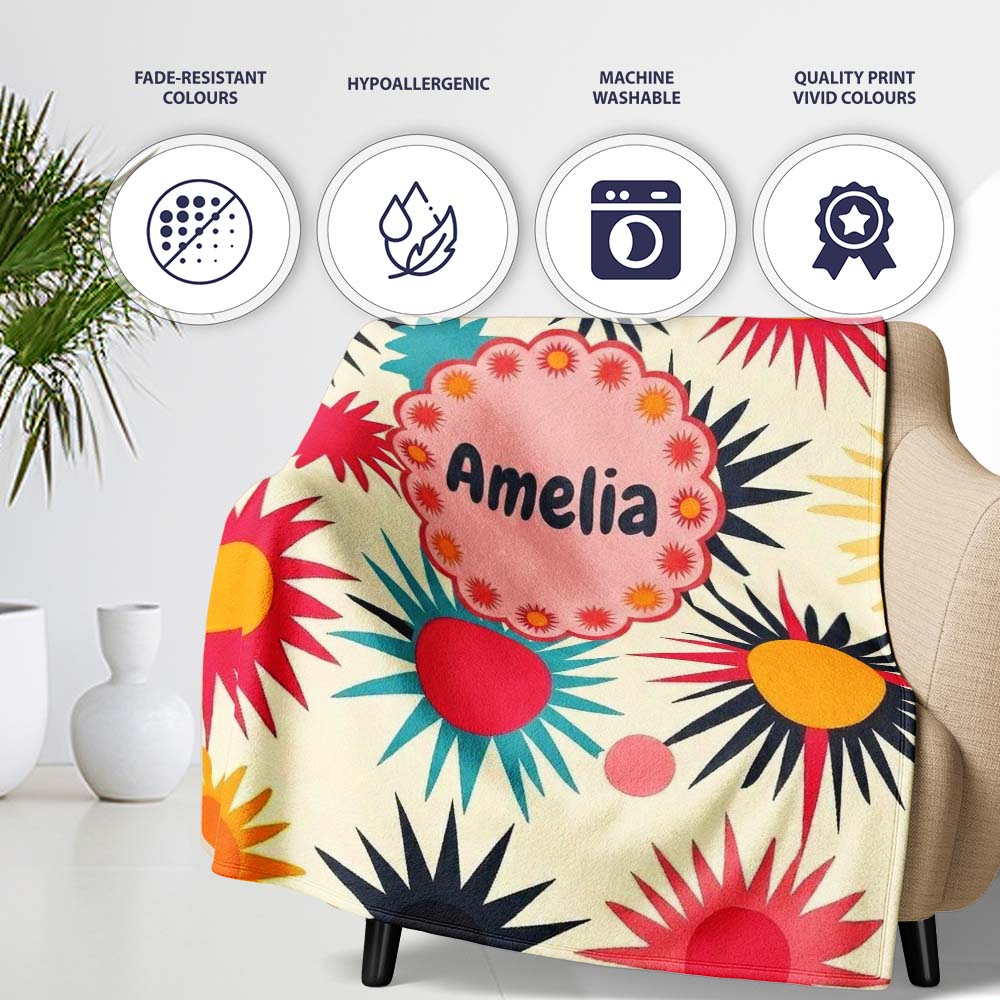 Abstract Bold Sunburst Floral Shapes Mid Century Style Seamless  Personalised Custom Name Super Soft Fleece Blanket Bed Sofa Throw