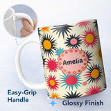 Personalized Custom Name Abstract Bold Sunburst Floral Shapes Mid Century Style Seamless 11oz Ceramic Coffee Tea Mug White Large Handle