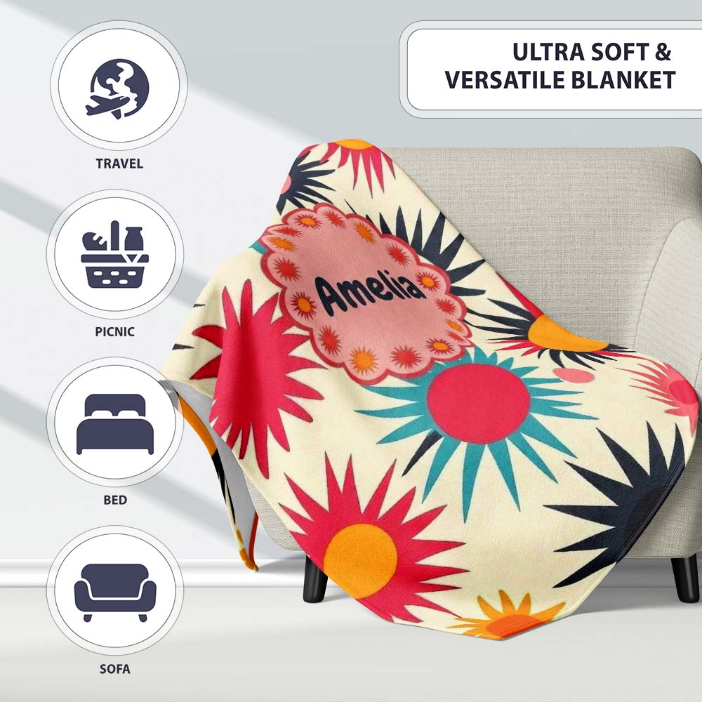 Abstract Bold Sunburst Floral Shapes Mid Century Style Seamless  Personalised Custom Name Super Soft Fleece Blanket Bed Sofa Throw