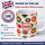 Personalized Custom Name Abstract Bold Sunburst Floral Shapes Mid Century Style Seamless 11oz Ceramic Coffee Tea Mug White Large Handle