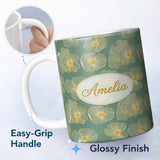 Personalized Custom Name Luxury Teal Background Gold Line Floral Blossoms Elegant Seamless 11oz Ceramic Coffee Tea Mug White Large Handle