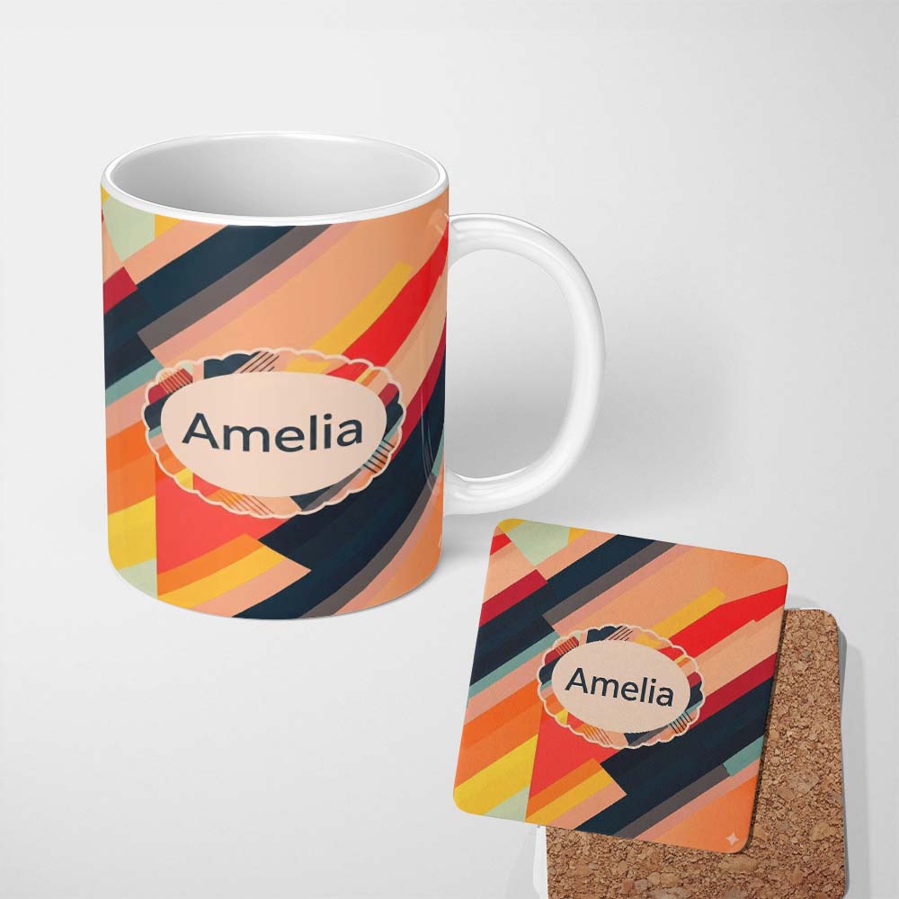 Personalized Custom Name Abstract Diagonal Color Stripes Modern Artistic Seamless Pattern 11oz Ceramic Coffee Tea Mug White Large Handle
