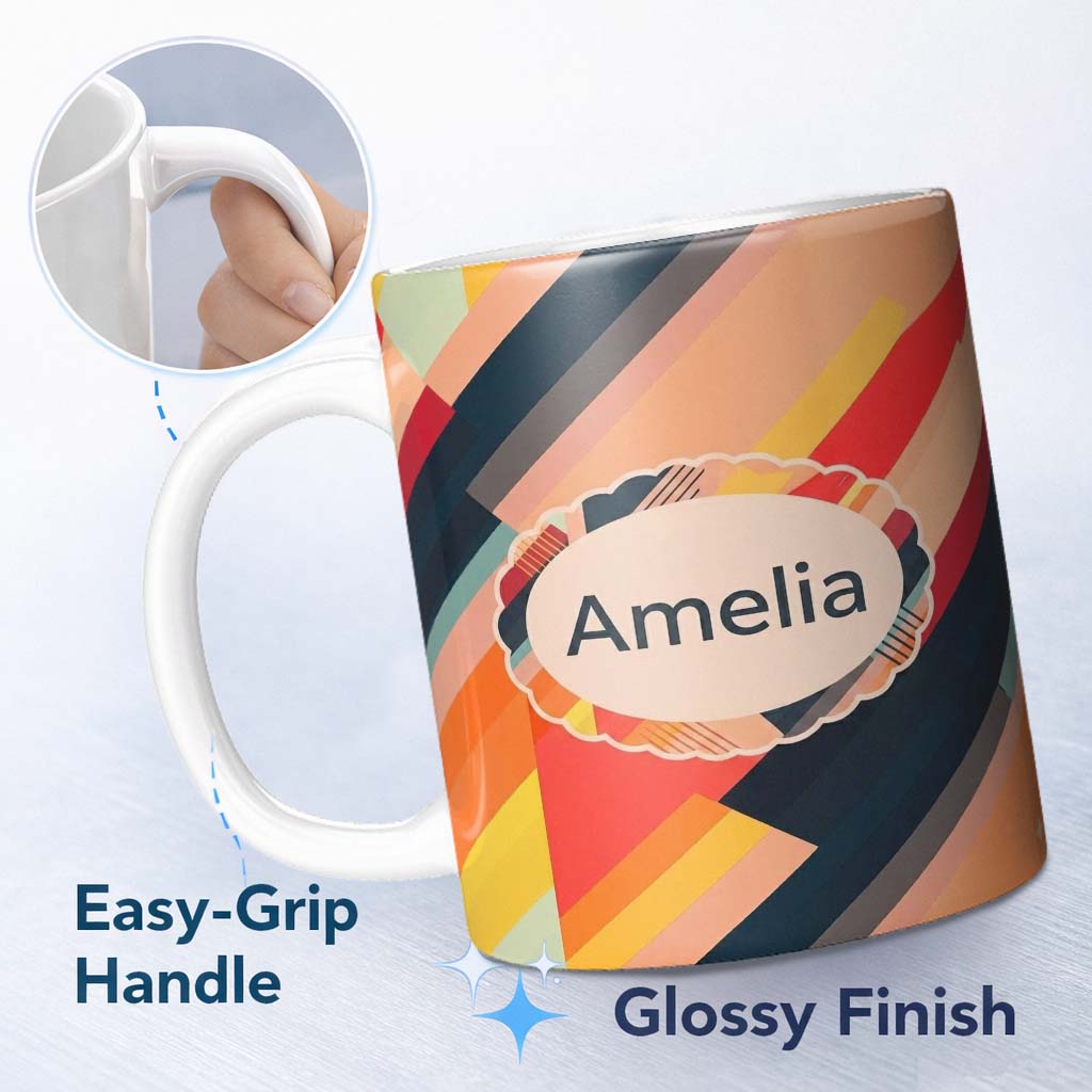 Personalized Custom Name Abstract Diagonal Color Stripes Modern Artistic Seamless Pattern 11oz Ceramic Coffee Tea Mug White Large Handle