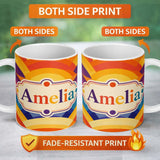 Personalized Custom Name Abstract Rainbow Landscape Curved Layers Style Seamless Pattern 11oz Ceramic Coffee Tea Mug White Large Handle