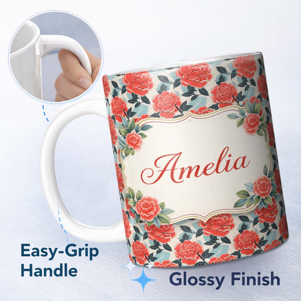 Personalized Custom Name Soft Pink Floral Blossom Seamless Pattern Charming Kitchen Decor 11oz Ceramic Coffee Tea Mug White Large Handle