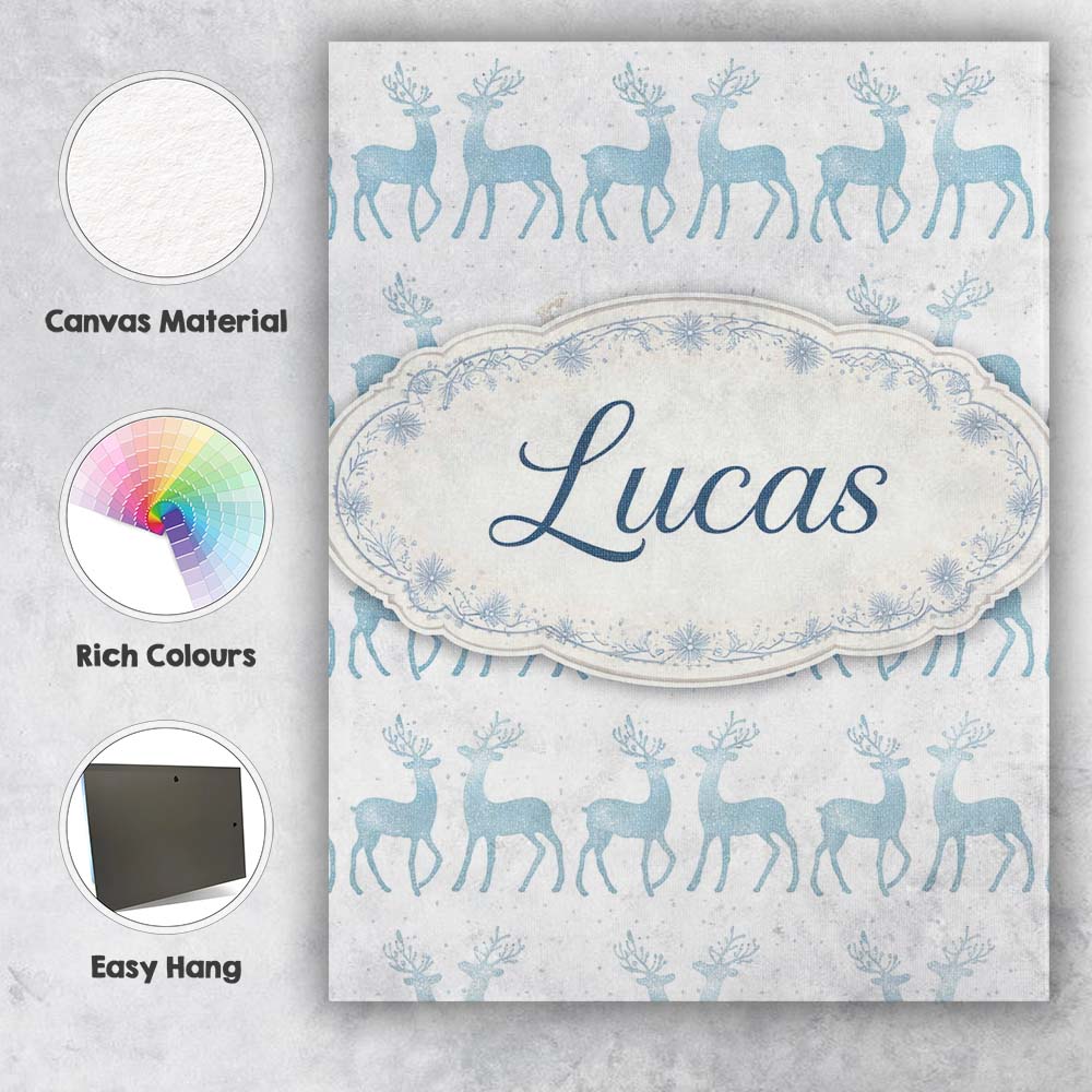 Personalised Name Blue Glitter Reindeer Christmas White Background Custom  Unique Canvas Wall Art Print Decor Picture Ready to Hang
