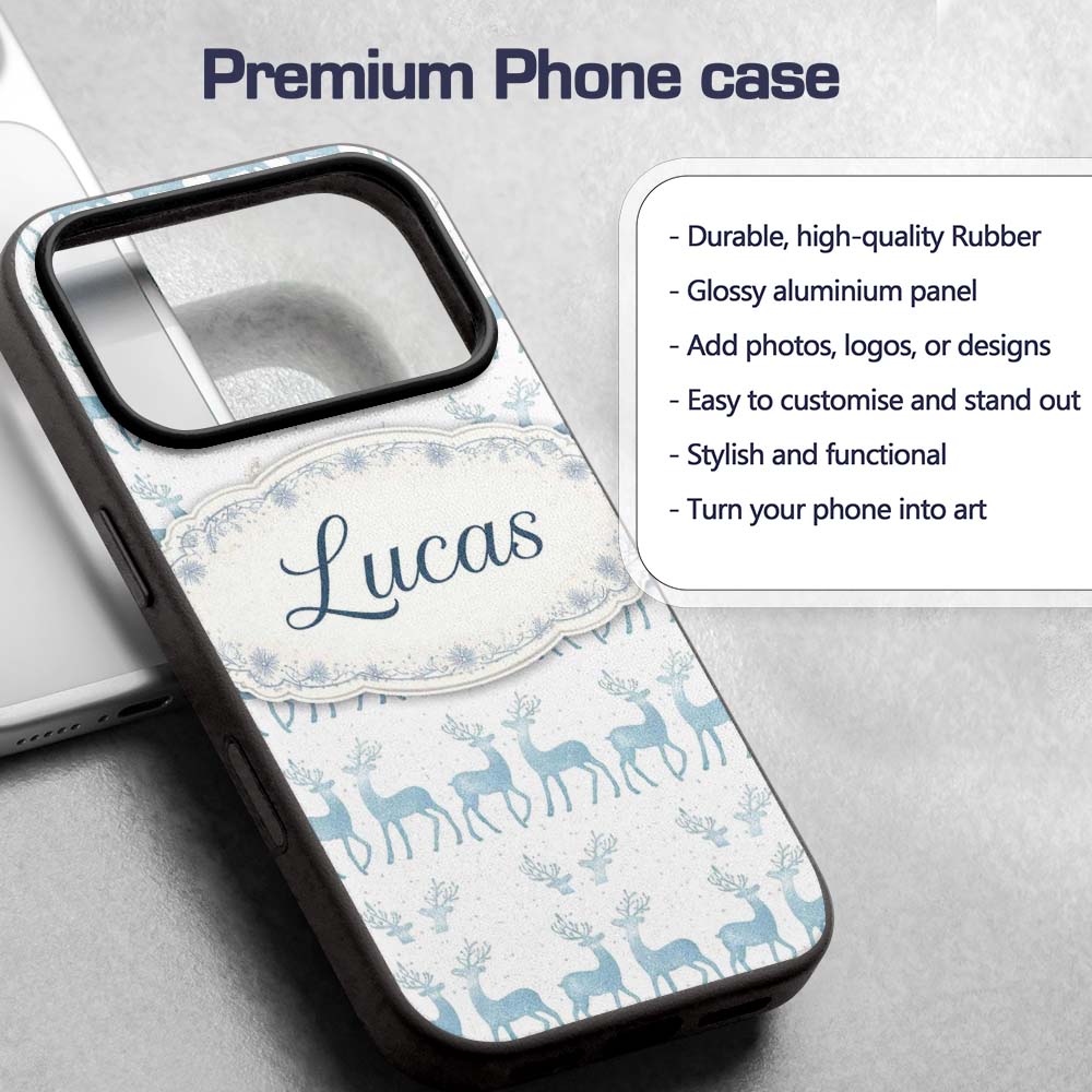 Blue Glitter Reindeer Christmas White Background Custom Name Protective Phone Case Mobile Cover Durable Everyday Smartphone Shock Resistant