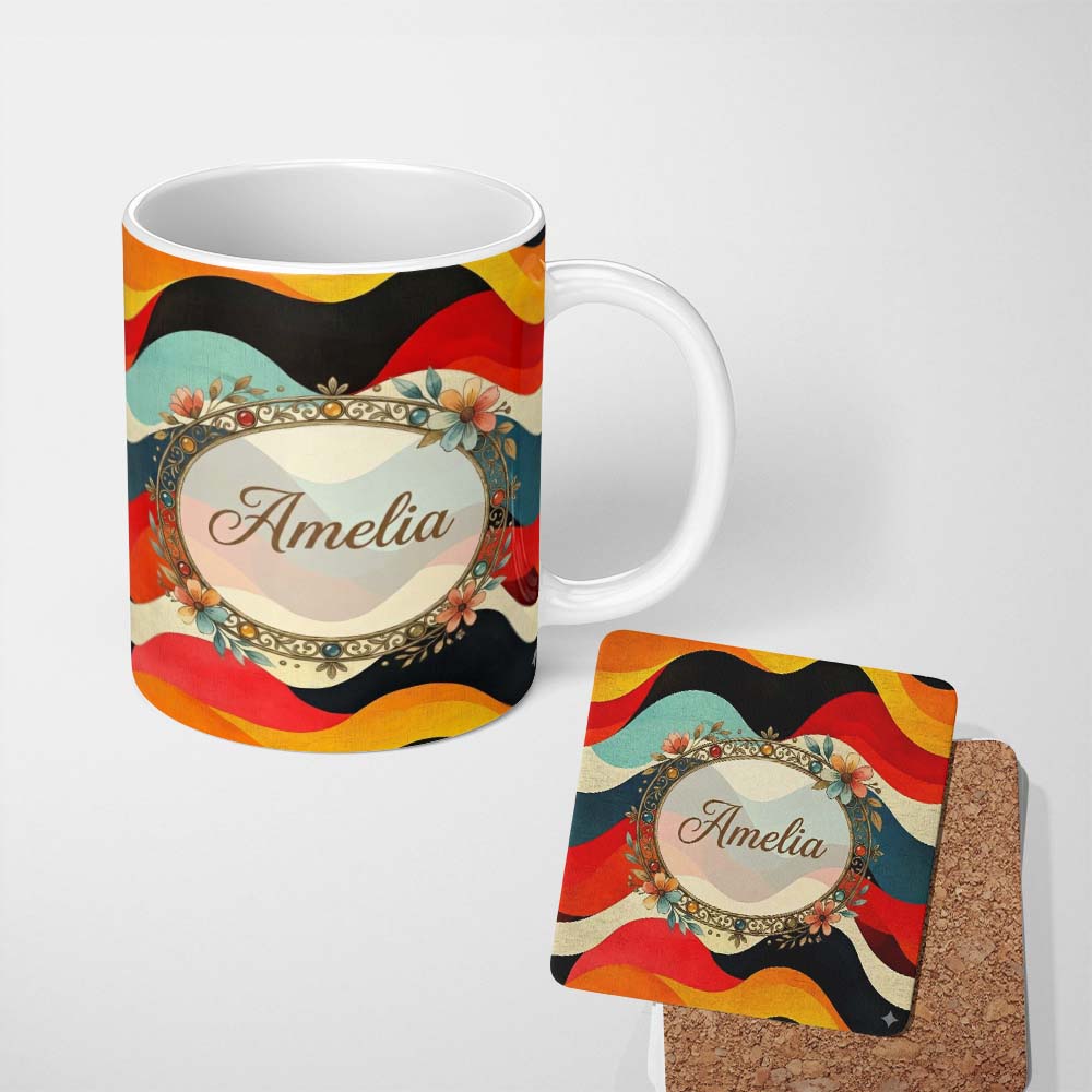 Personalized Custom Name Abstract Flowing Waves Color Block Modern Seamless Pattern Name Cute 11oz Ceramic Coffee Tea Mug White Large Handle