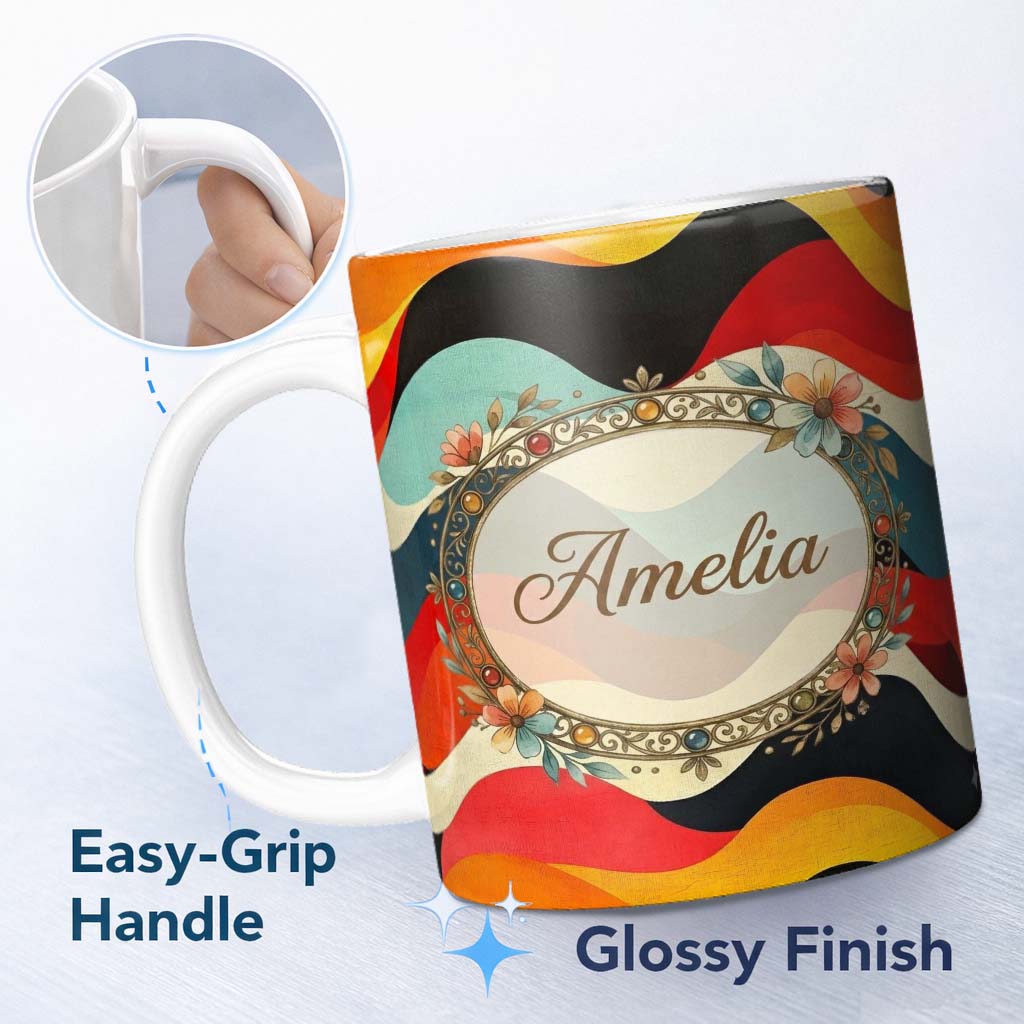Personalized Custom Name Abstract Flowing Waves Color Block Modern Seamless Pattern Name Cute 11oz Ceramic Coffee Tea Mug White Large Handle