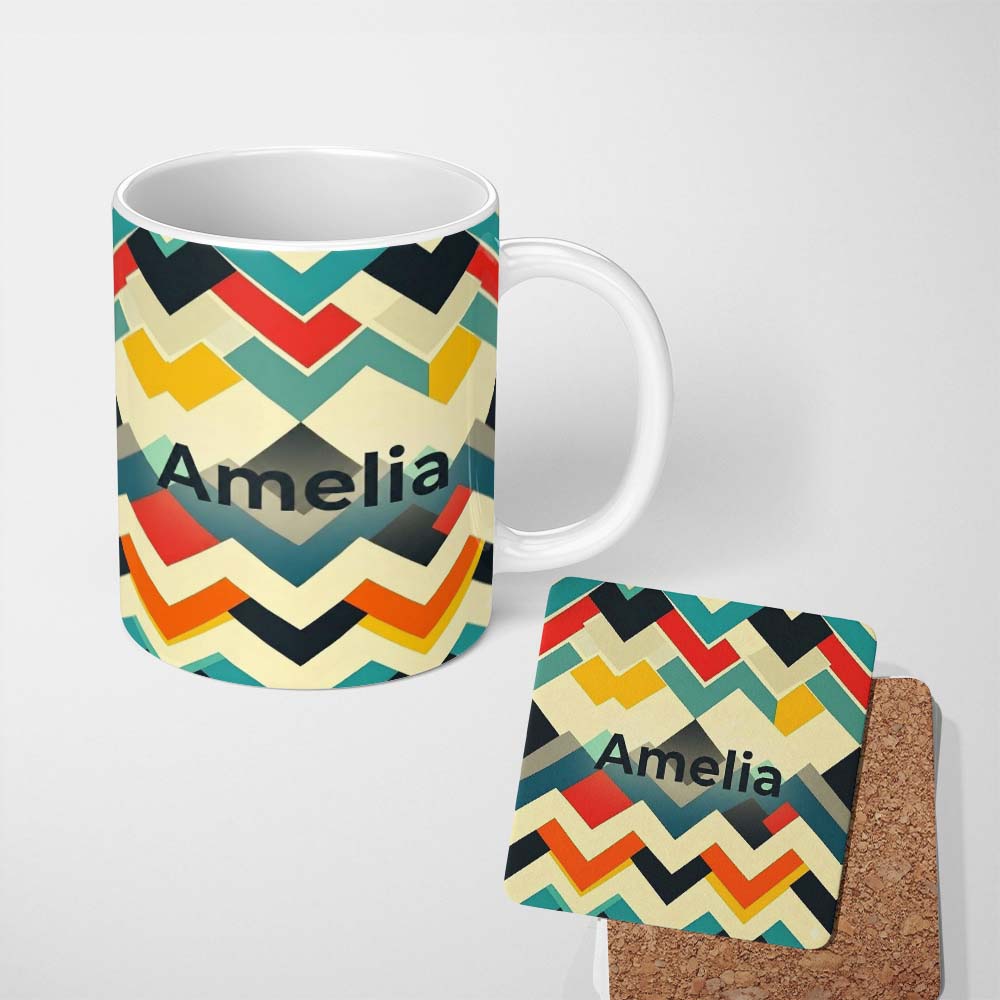 Personalized Custom Name Abstract Zigzag Geometric Shapes Bold Color Blocks Seamless Pattern 11oz Ceramic Coffee Tea Mug White Large Handle