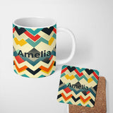 Personalized Custom Name Abstract Zigzag Geometric Shapes Bold Color Blocks Seamless Pattern 11oz Ceramic Coffee Tea Mug White Large Handle