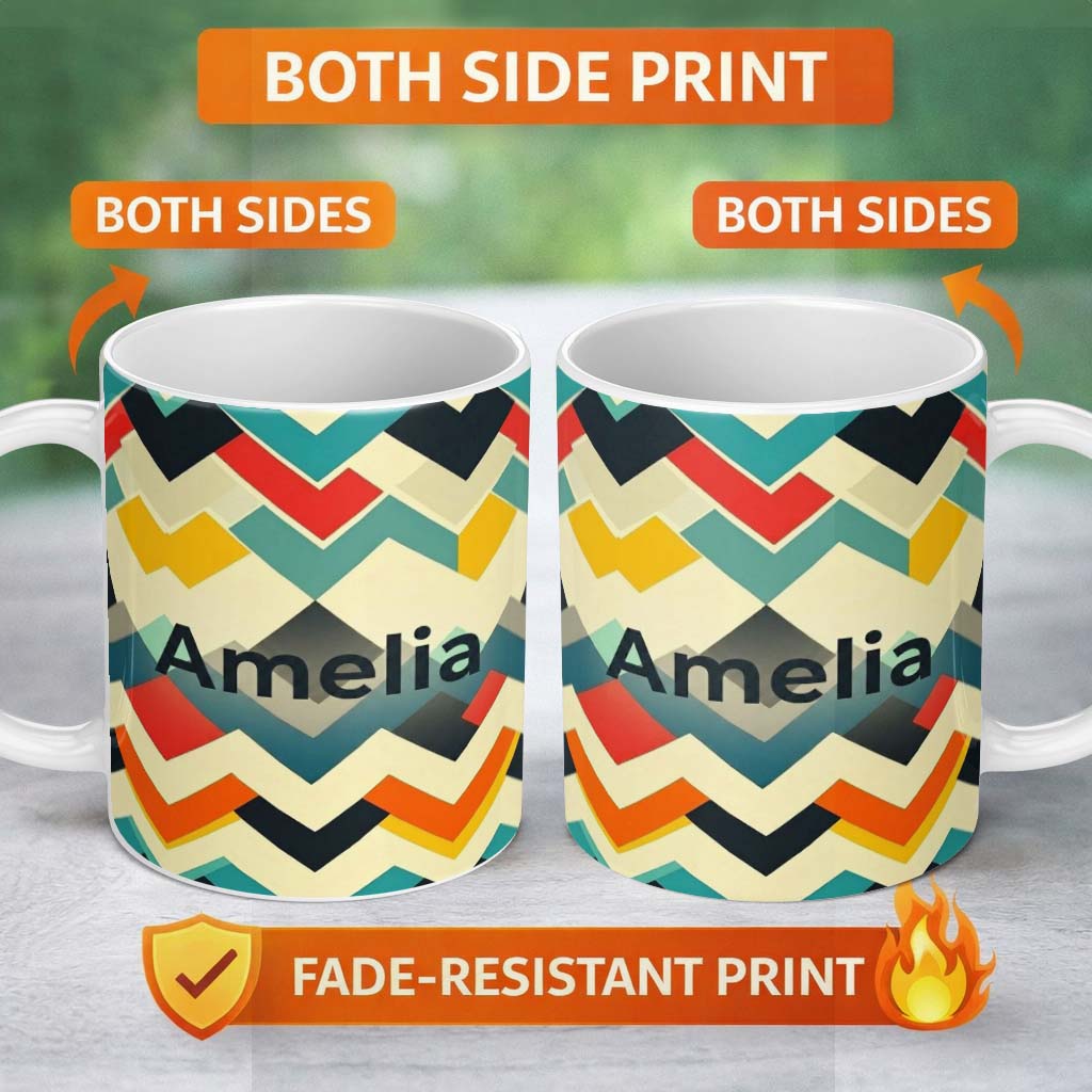 Personalized Custom Name Abstract Zigzag Geometric Shapes Bold Color Blocks Seamless Pattern 11oz Ceramic Coffee Tea Mug White Large Handle