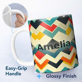 Personalized Custom Name Abstract Zigzag Geometric Shapes Bold Color Blocks Seamless Pattern 11oz Ceramic Coffee Tea Mug White Large Handle