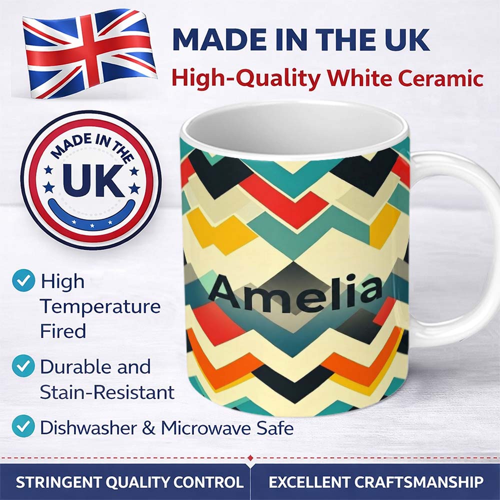 Personalized Custom Name Abstract Zigzag Geometric Shapes Bold Color Blocks Seamless Pattern 11oz Ceramic Coffee Tea Mug White Large Handle