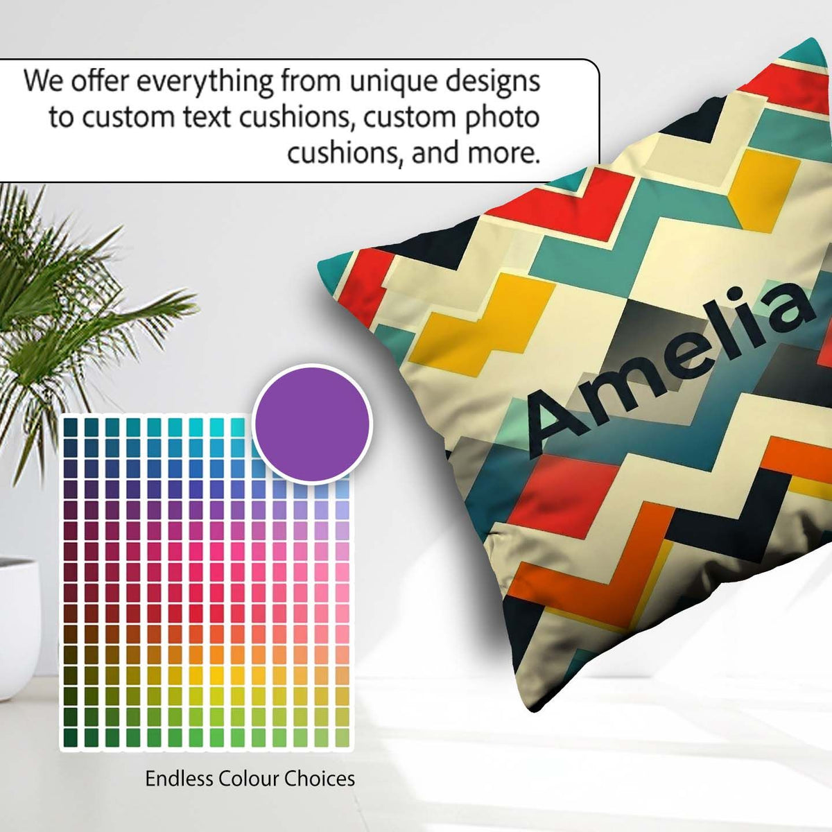 Custom Name Abstract Zigzag Geometric Shapes Bold Color Seamless Square Filled Cushion Throw Pillow Sofa Bed Home Decor Zip Washable UK Made