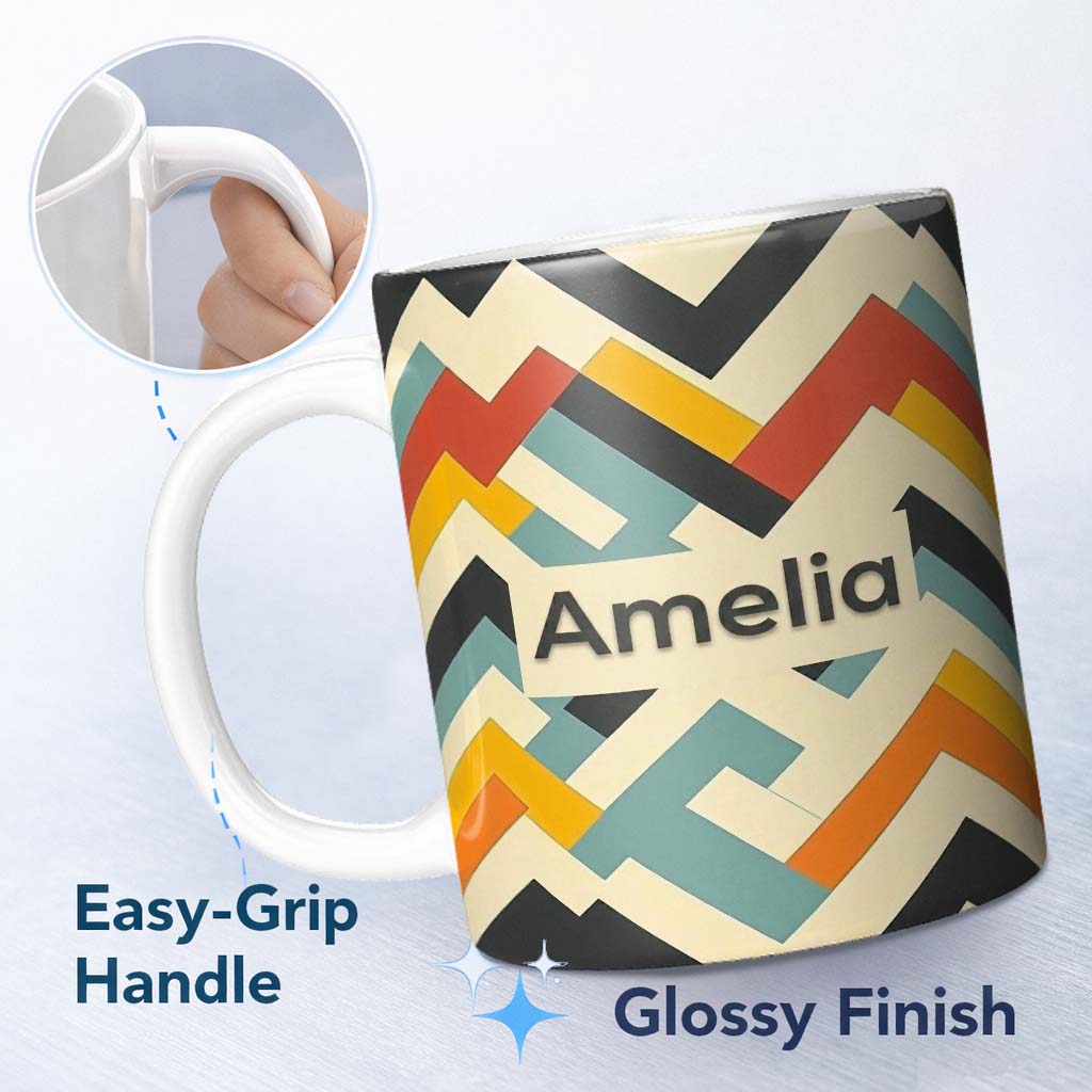 Personalized Custom Name Abstract Chevron Pattern Layered Geometric Modern Style Seamless 11oz Ceramic Coffee Tea Mug White Large Handle