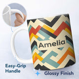 Personalized Custom Name Abstract Chevron Pattern Layered Geometric Modern Style Seamless 11oz Ceramic Coffee Tea Mug White Large Handle
