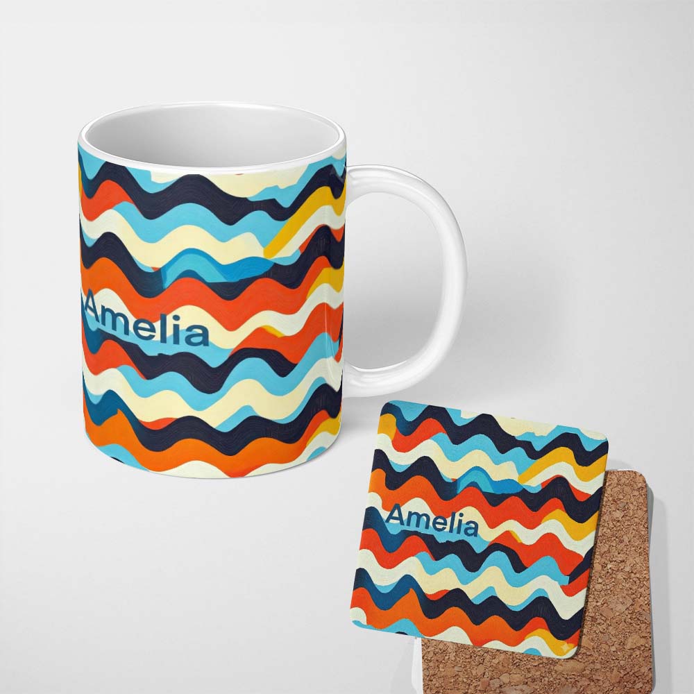 Personalized Custom Name Abstract Flowing Wave Layers Colorful Seamless Pattern Name Cute 11oz Ceramic Coffee Tea Mug White Large Handle