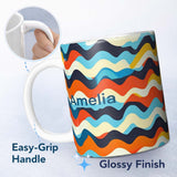 Personalized Custom Name Abstract Flowing Wave Layers Colorful Seamless Pattern Name Cute 11oz Ceramic Coffee Tea Mug White Large Handle