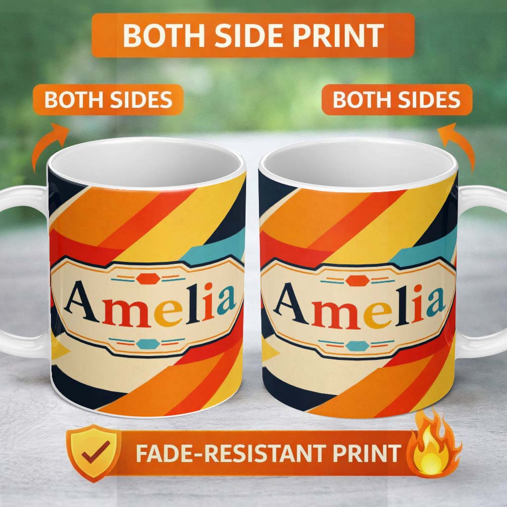 Personalized Custom Name Abstract Geometric Diagonal Color Blocks Modern Art Seamless 11oz Ceramic Coffee Tea Mug White Large Handle