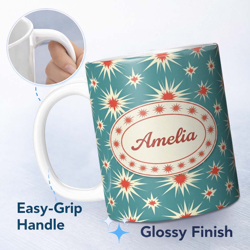 Personalized Custom Name Abstract Starburst Pattern Teal Background Mid Century Seamless 11oz Ceramic Coffee Tea Mug White Large Handle