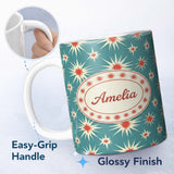 Personalized Custom Name Abstract Starburst Pattern Teal Background Mid Century Seamless 11oz Ceramic Coffee Tea Mug White Large Handle