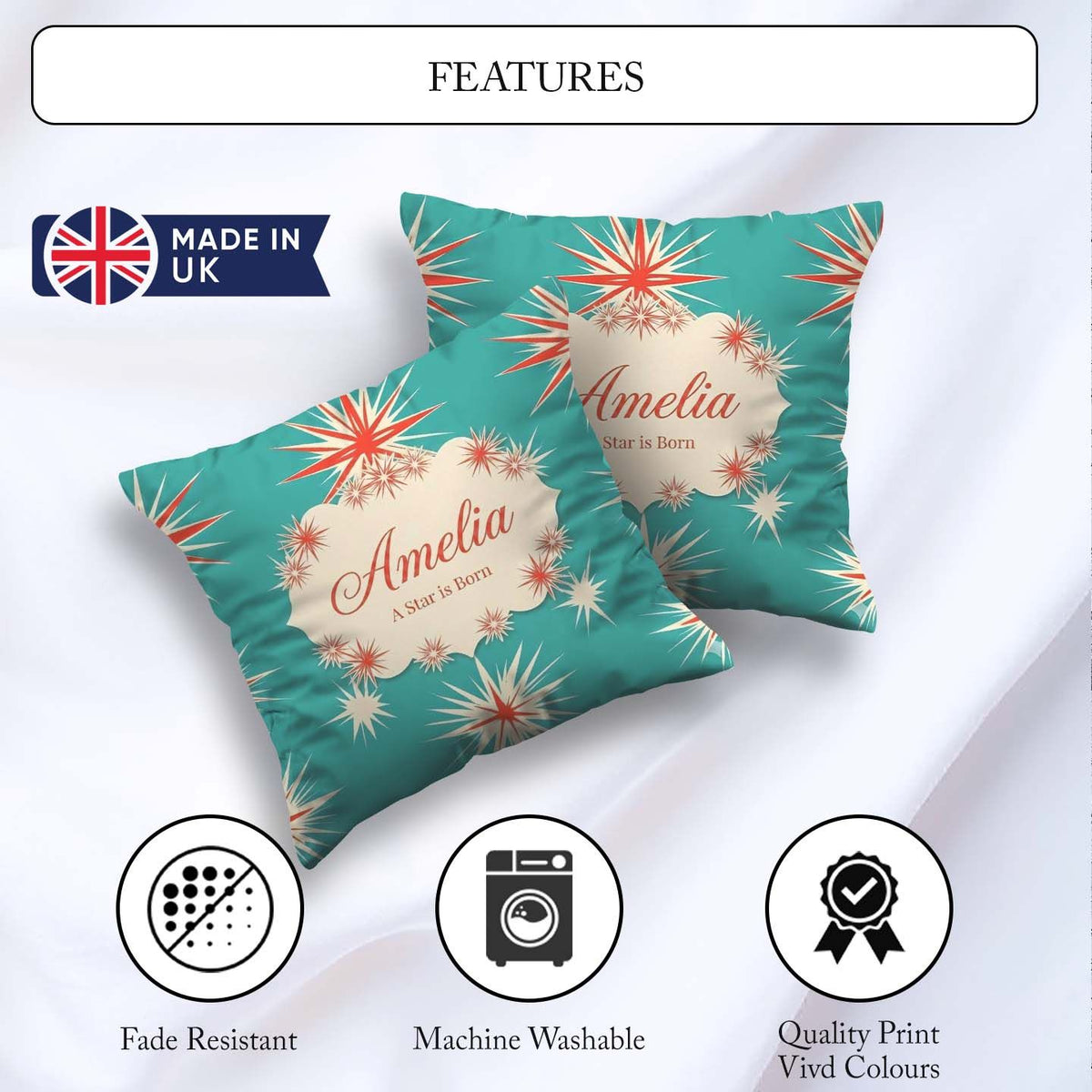 Custom Name Abstract Large Starburst Shapes Minimal Pattern Name Square Filled Cushion Throw Pillow Sofa Bed Home Decor Zip Washable UK Made