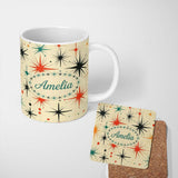 Personalized Custom Name Abstract Atomic Starburst Mid Century Modern Seamless Pattern Name 11oz Ceramic Coffee Tea Mug White Large Handle