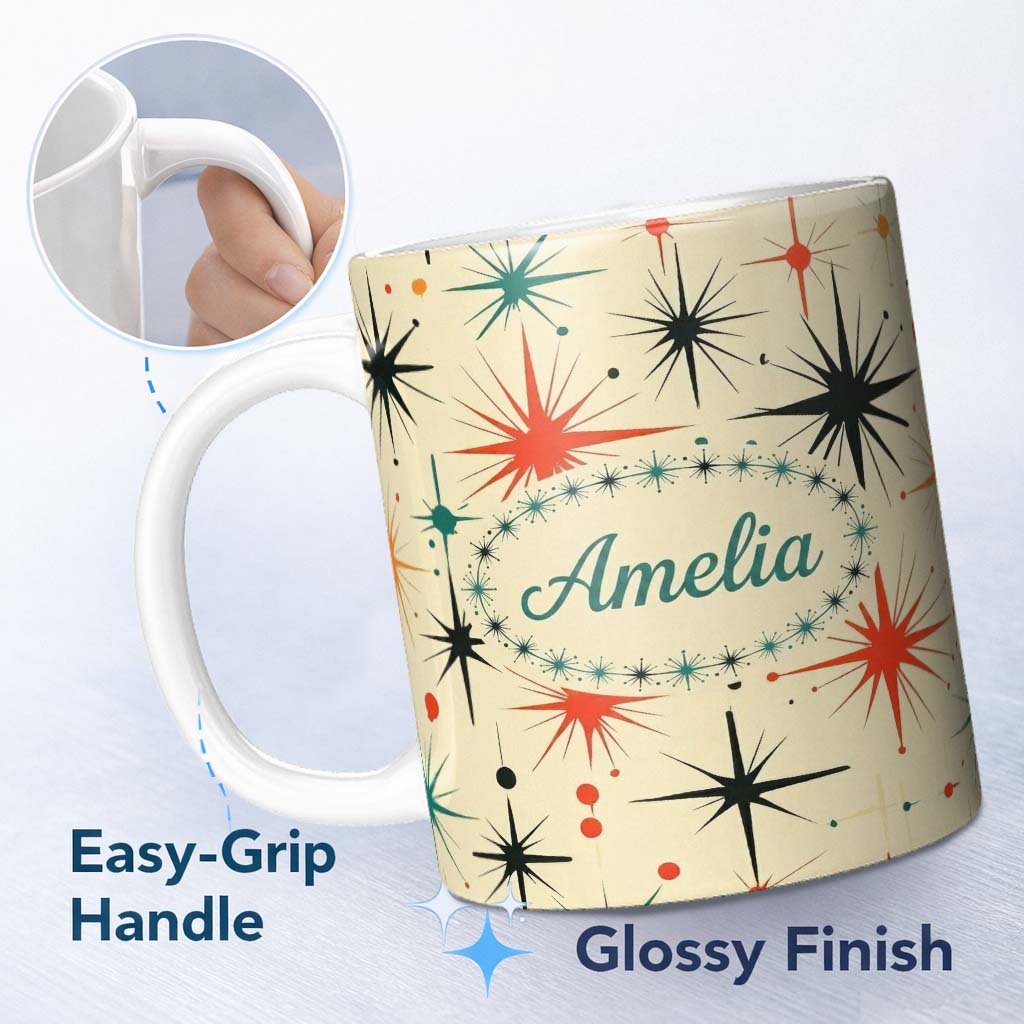 Personalized Custom Name Abstract Atomic Starburst Mid Century Modern Seamless Pattern Name 11oz Ceramic Coffee Tea Mug White Large Handle