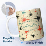 Personalized Custom Name Abstract Atomic Starburst Mid Century Modern Seamless Pattern Name 11oz Ceramic Coffee Tea Mug White Large Handle