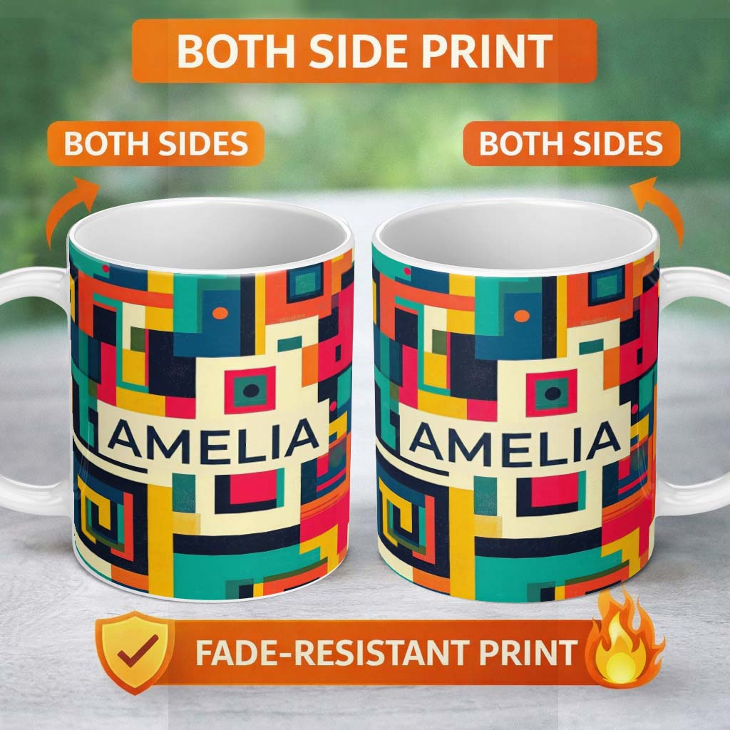 Personalized Custom Name Abstract Colorful Geometric Blocks Modern Art Seamless Pattern Name 11oz Ceramic Coffee Tea Mug White Large Handle