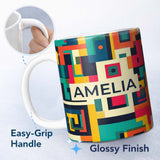 Personalized Custom Name Abstract Colorful Geometric Blocks Modern Art Seamless Pattern Name 11oz Ceramic Coffee Tea Mug White Large Handle