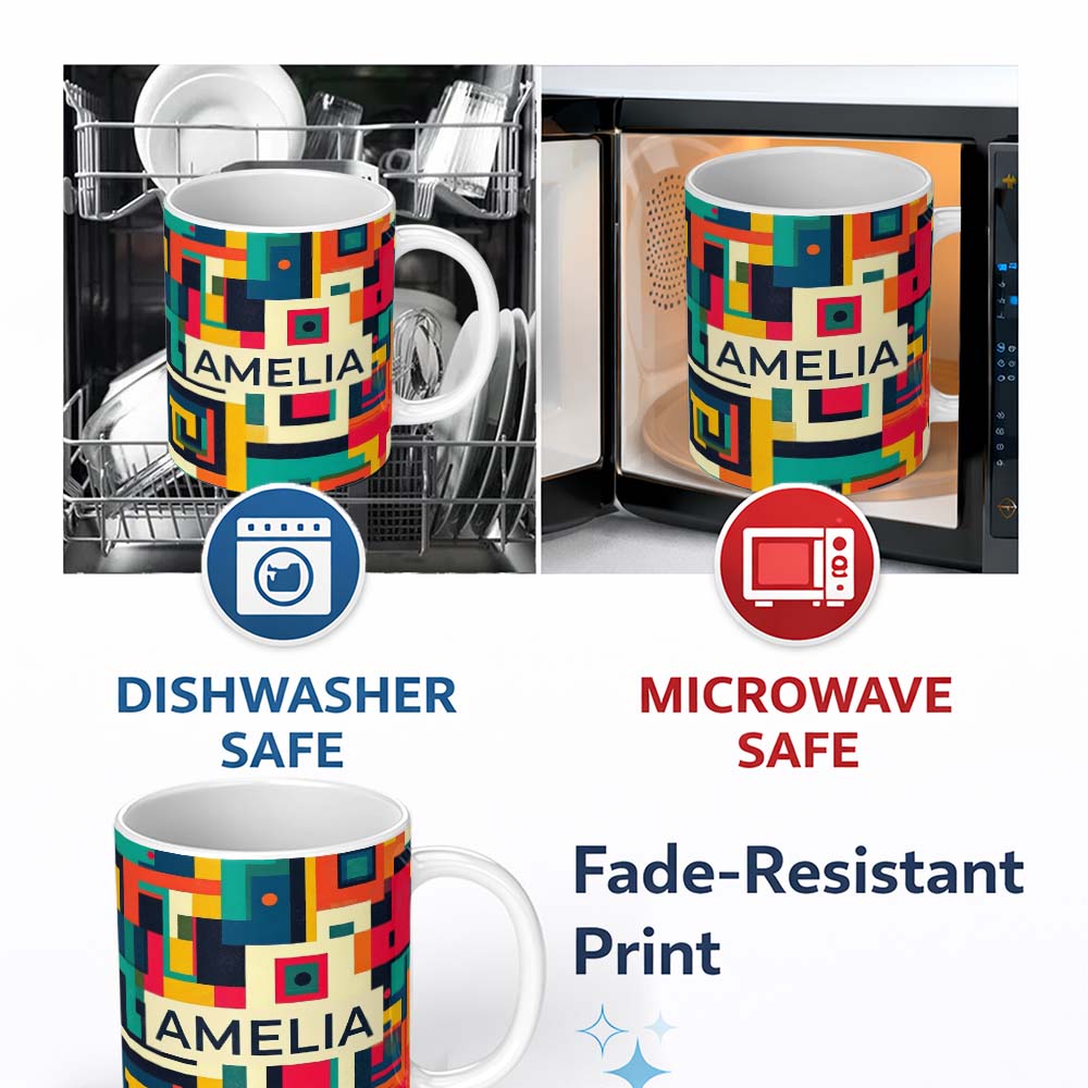 Personalized Custom Name Abstract Colorful Geometric Blocks Modern Art Seamless Pattern Name 11oz Ceramic Coffee Tea Mug White Large Handle