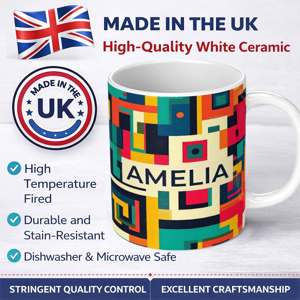 Personalized Custom Name Abstract Colorful Geometric Blocks Modern Art Seamless Pattern Name 11oz Ceramic Coffee Tea Mug White Large Handle