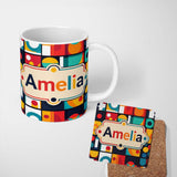 Personalized Custom Name Abstract Circular Geometric Shapes Grid Seamless Pattern Name Cute 11oz Ceramic Coffee Tea Mug White Large Handle