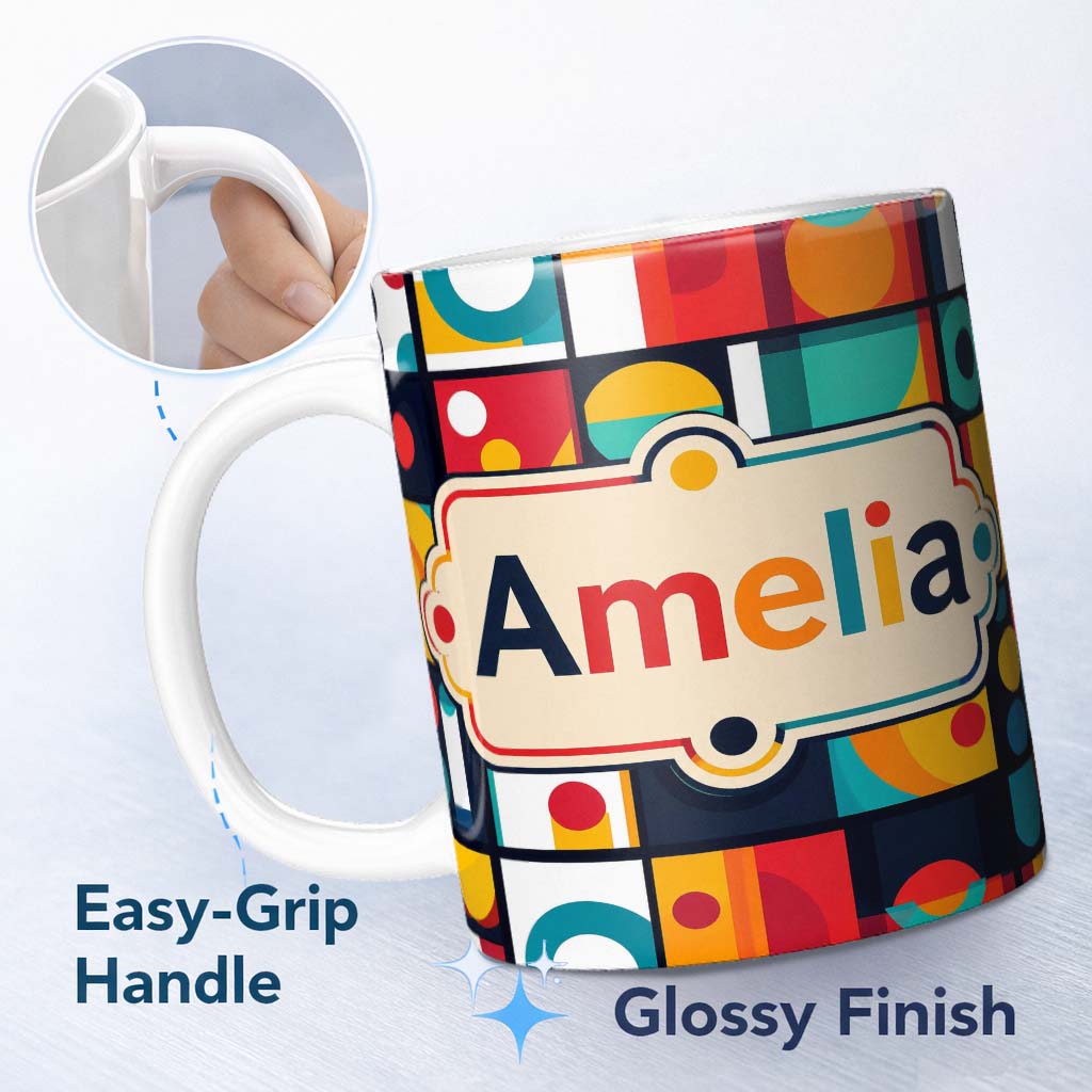 Personalized Custom Name Abstract Circular Geometric Shapes Grid Seamless Pattern Name Cute 11oz Ceramic Coffee Tea Mug White Large Handle