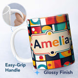 Personalized Custom Name Abstract Circular Geometric Shapes Grid Seamless Pattern Name Cute 11oz Ceramic Coffee Tea Mug White Large Handle