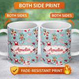 Personalized Custom Name Cool Santa Reindeer Skateboard Christmas Seamless Pattern Lovely 11oz Ceramic Coffee Tea Mug White Large Handle