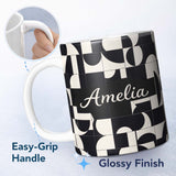 Personalized Custom Name Abstract Cutout Grid Black Cream Modern Geometric Pattern Lovely 11oz Ceramic Coffee Tea Mug White Large Handle
