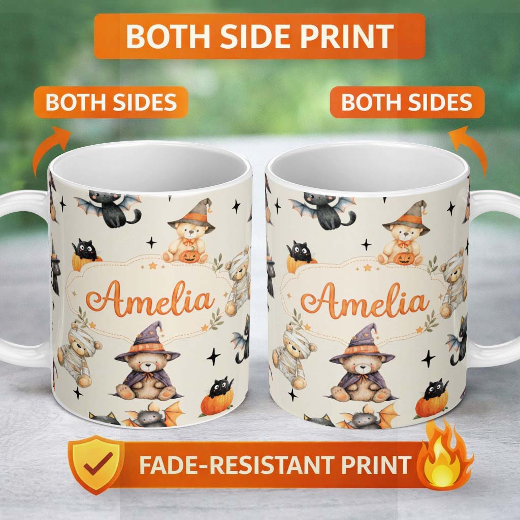 Personalized Custom Name Cute Halloween Teddy Bears Mummy Witch Cat Pumpkin Stars Cream 11oz Ceramic Coffee Tea Mug White Large Handle